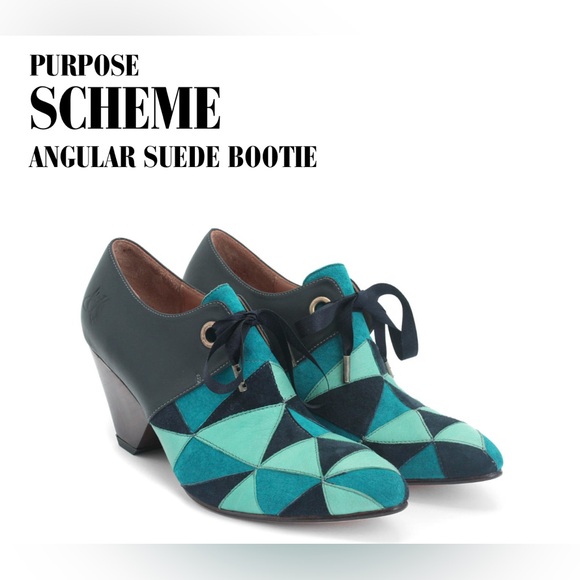 Fluevog EXCELLENT Purpose Scheme angular suede booties in turquoise/navy -7.5/8 - Picture 1 of 16